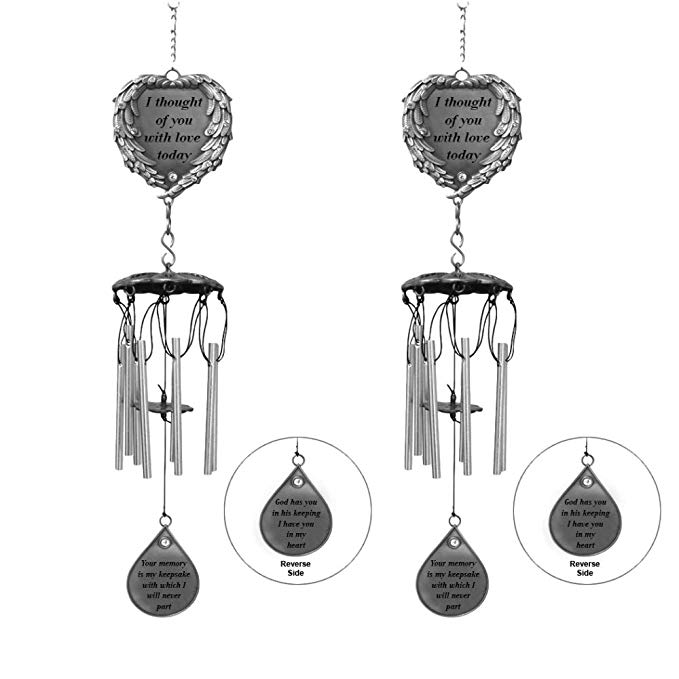 BANBERRY DESIGNS Memorial Windchimes - I Thought of You with Love Today Poem Engraved on This Wind Chime - Angel Wings Wrapped Around a Heart and Teardrop Charm - in Loving Memory Chimes - 2 Pack