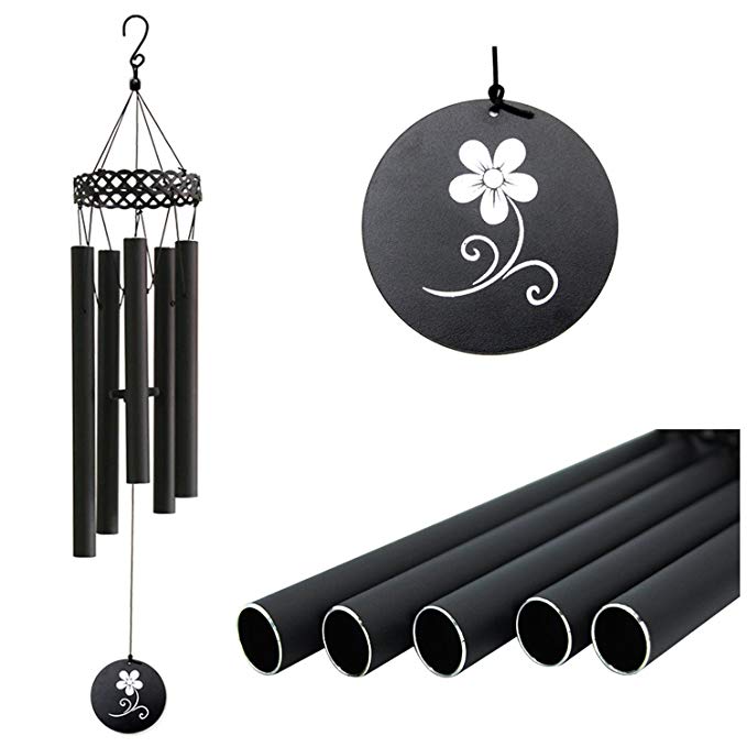 Auchen Wind Chimes Outdoor, Garden Wind Chimes Deep Tone with 5 Metal Tubes Melodious Sound, Memorial Wind Chimes for Patio Balcony Home Decor, 30” Medium Black