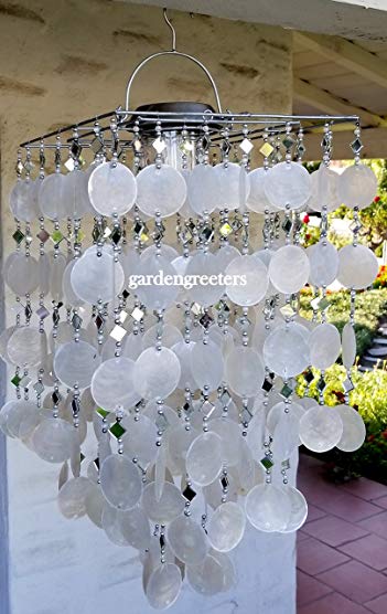 SOLAR CAPIZ SHELL WINDCHIMES/CHANDELIER WHITE CAPIZ CHIMES WITH SOLAR LIGHT