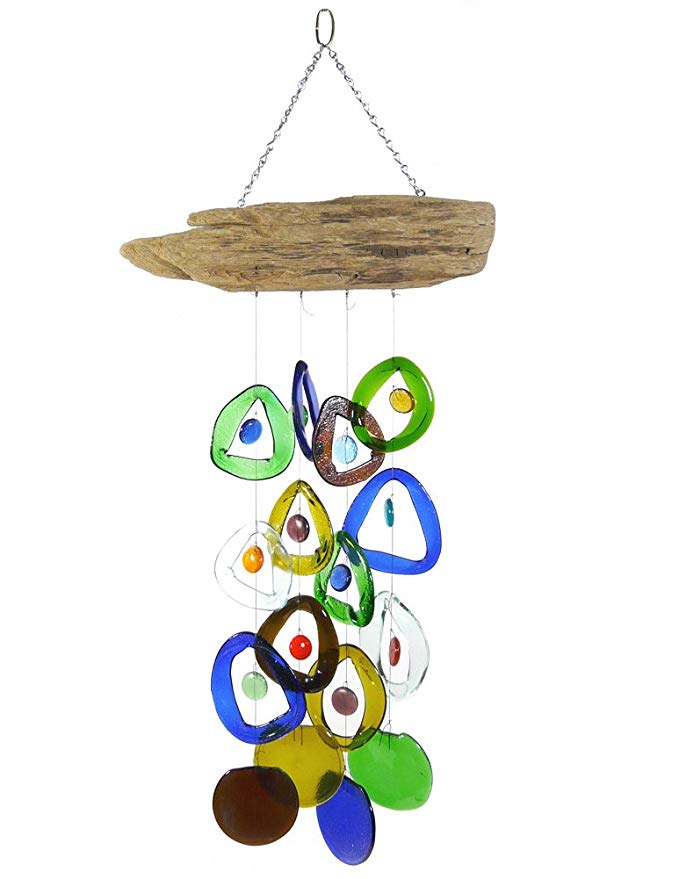 Modern Artisans Recycled Wine Bottle Glass Windchime on Driftwood, American Made