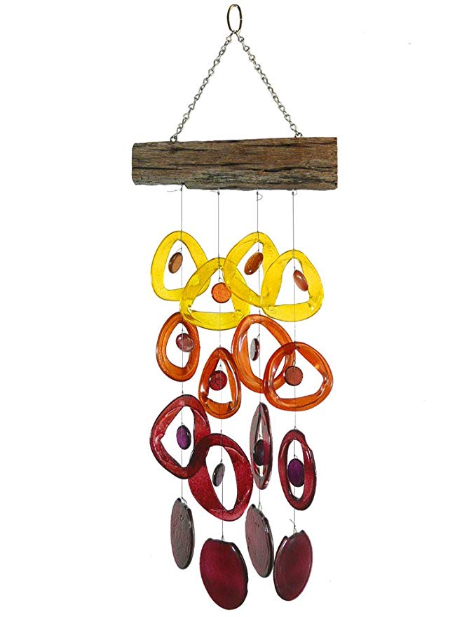 American Made Recycled Glass Bottle Wind Chime on Driftwood : Tropical Sunset