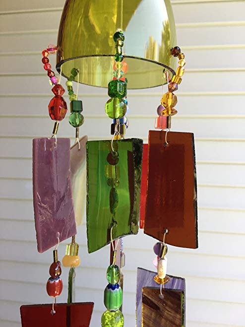 Windy Treasures Wind Chime Stained Glass Sun Catcher. Up-cycled Wine Bottle!! Rustic Garden Art.